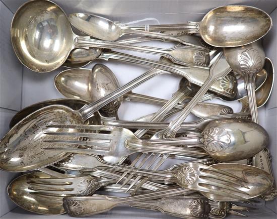 A harlequin suite of 19th century silver fiddle, thread and shell pattern flatware, 63.5 oz.